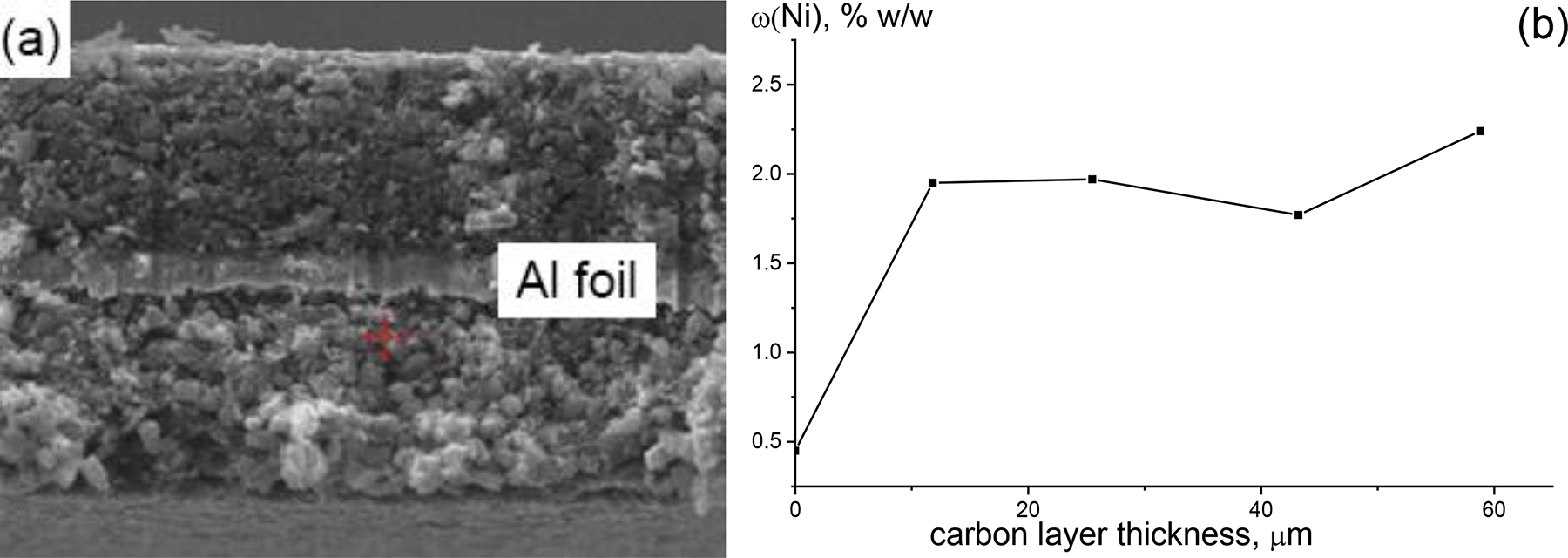 Fig. 11: 
(a) – SEM of the cross-section of a YP-17D activated carbon-based electrode modified with poly-[Ni(Saltmen)]; (b) – distribution of Ni atoms obtained by energy-dispersive X-ray spectroscopy, which reflects the polymer distribution (carbon layer thickness corresponds to the layer on one side of the Al foil).
