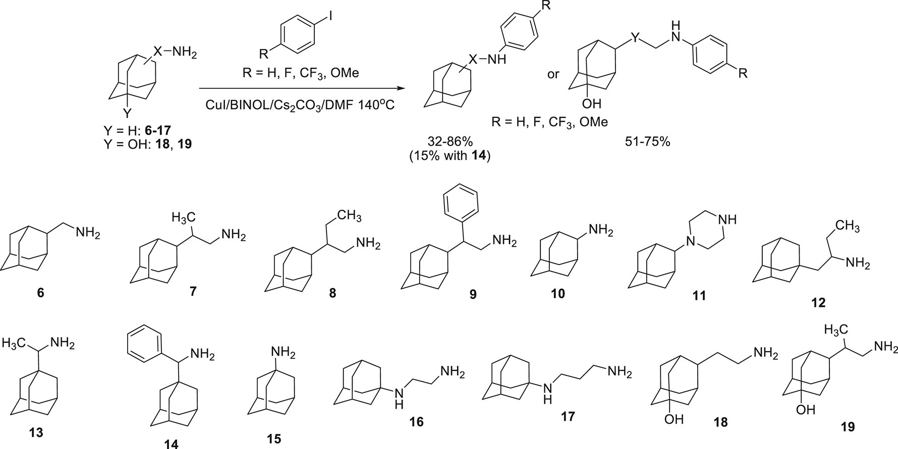 Scheme 3:
Expanding the scope of adamantylated amines in the copper-catalyzed arylation reaction.