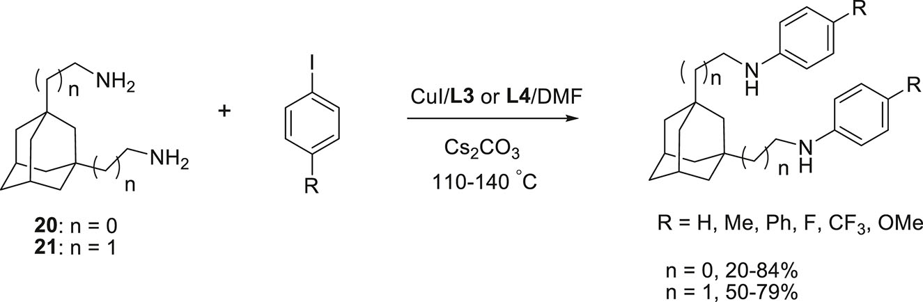 Scheme 4:
Cu(I)-catalyzed arylation of the adamantane-containing diamines with para-substituted iodobenzenes.