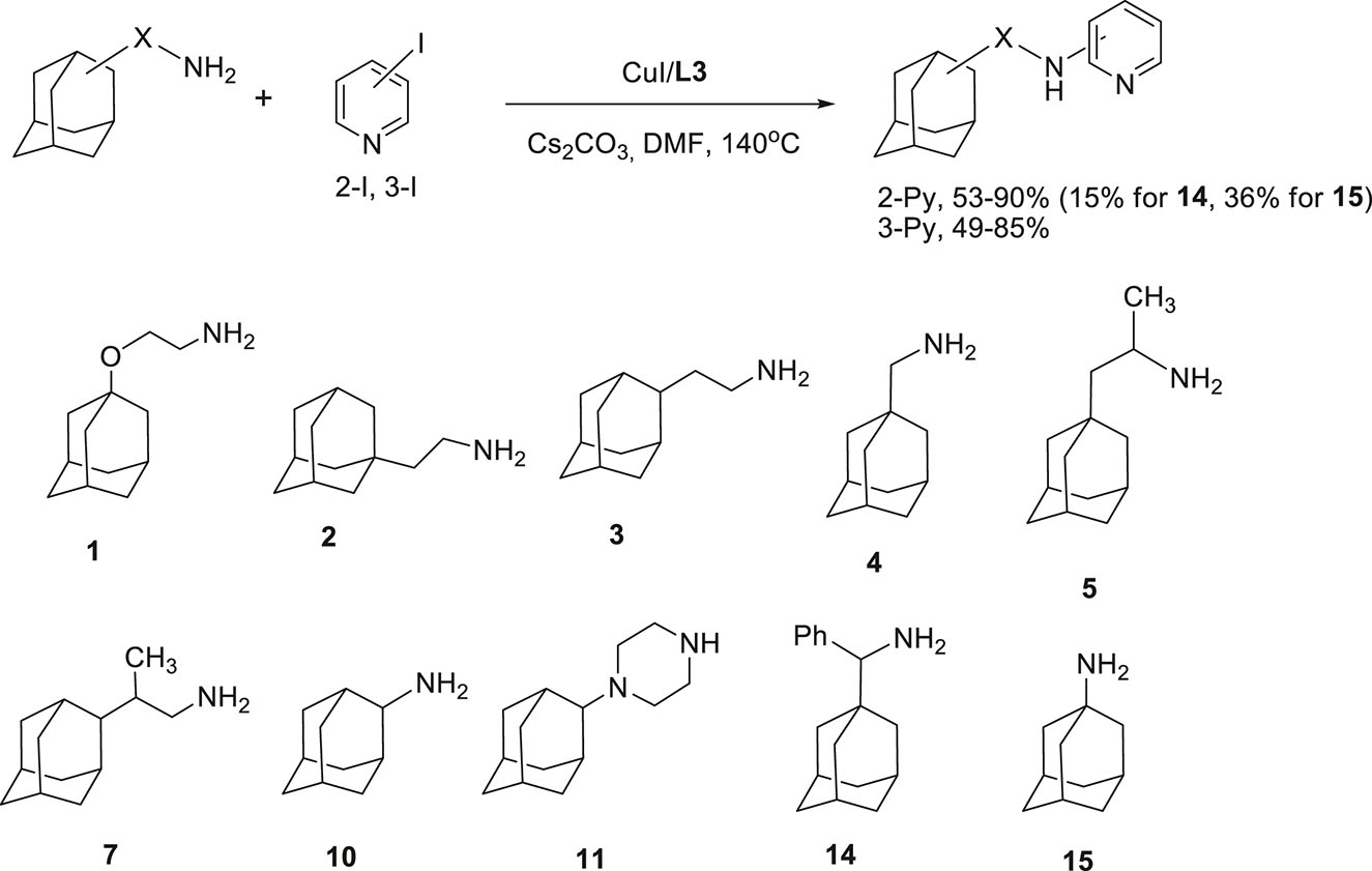 Scheme 5:
Cu-catalyzed synthesis of N-pyridyl derivatives of adamantylated amines.