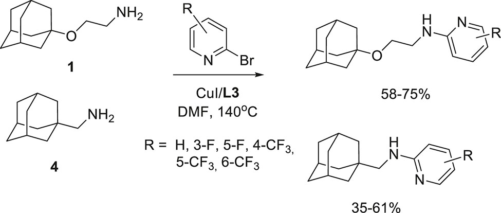 Scheme 6:
2-Bromopyridines with fluorine-containing substituents in Cu(I)-catalyzed heteroarylation.