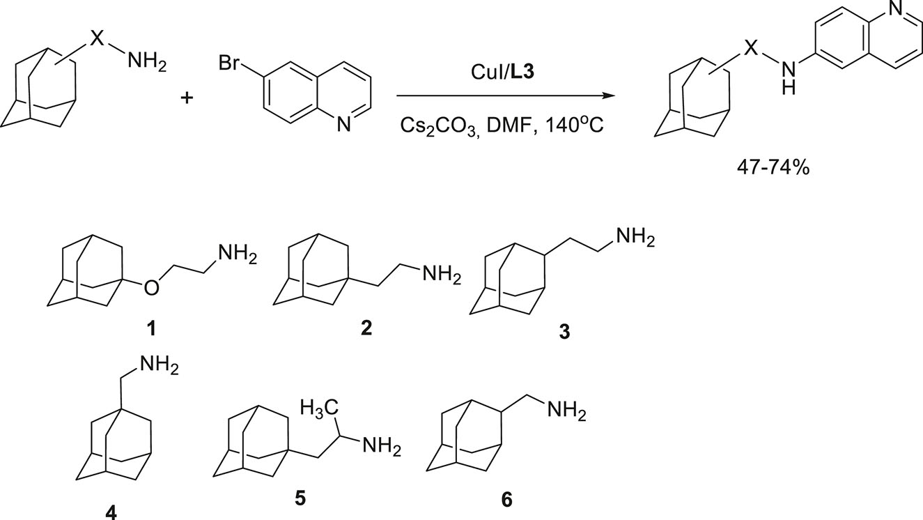 Scheme 9:
Catalytic introduction of the quinoline substituent in the adamantylalkylamines.