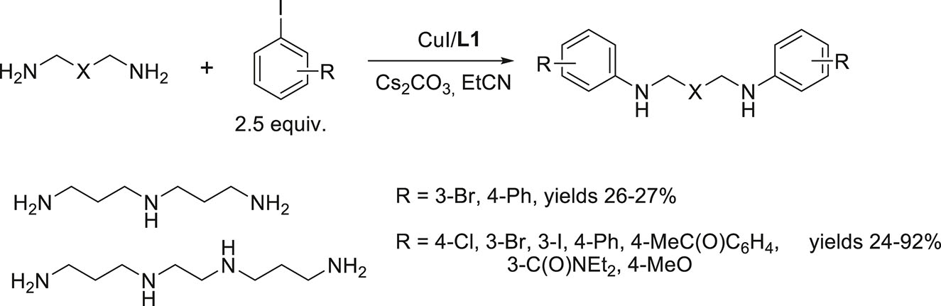 Scheme 12:
Cu(I)-catalyzed N,N′-diarylation of the tri- and tetra-amines.