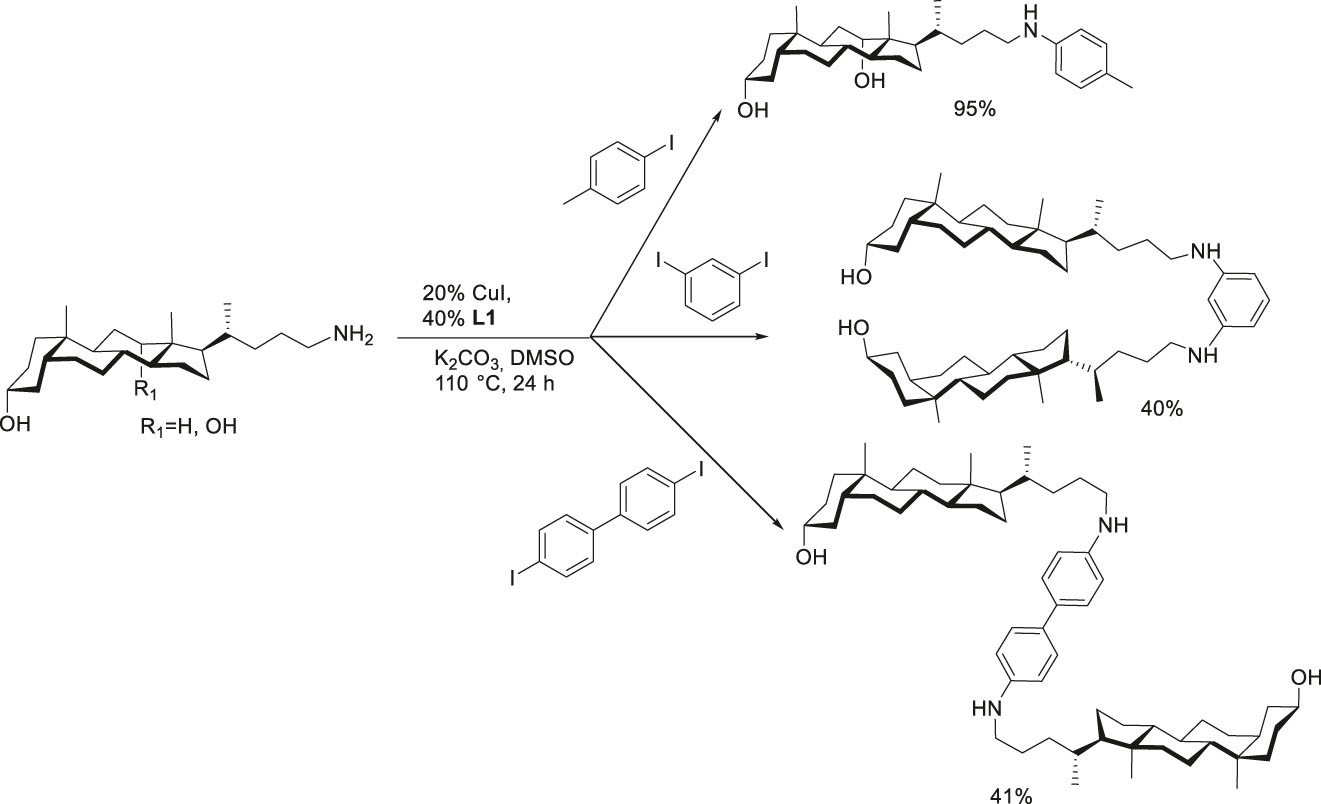 Scheme 21:
Cu(I)-catalyzed amination reaction in the functionalization of steroids and synthesis of steroid dyads.