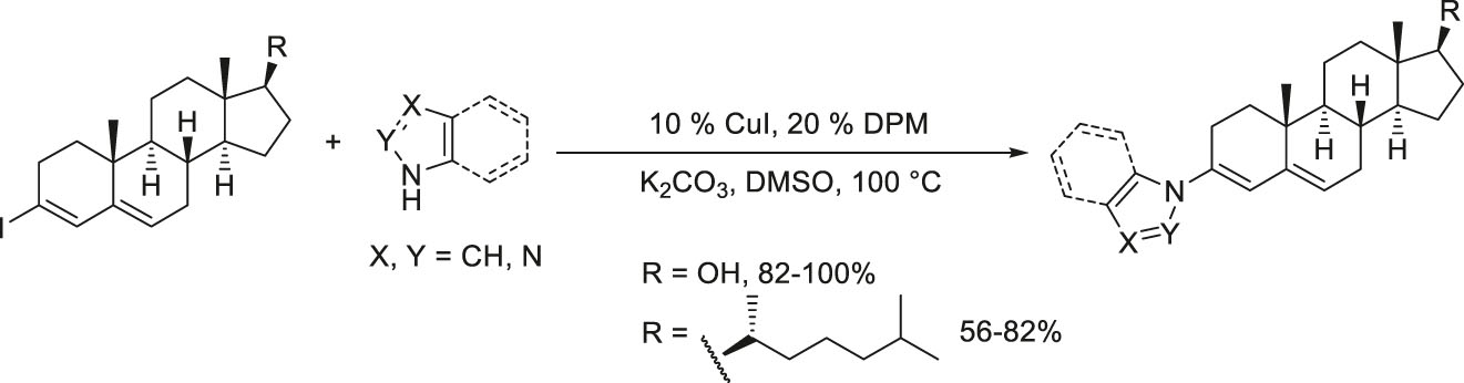 Scheme 23:
Cu(I)-catalyzed amination of 3-iodosteroids with various azoles.