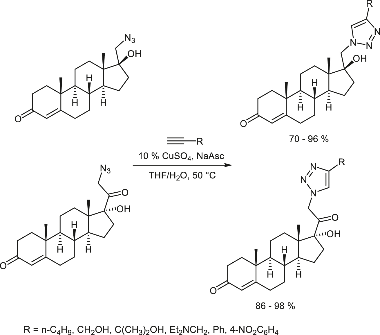 Scheme 25:
Synthesis of triazolyl derivatives from steroids bearing primary azido groups.