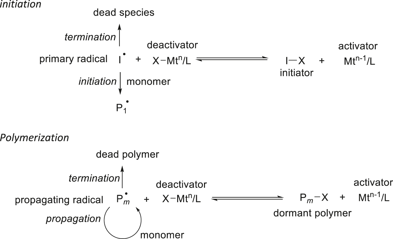 Scheme 4: 
            
              Transition metal-mediated atom-transfer radical polymerization (TM-ATRP or ATRP). I• is a primary radical. Pm• is an active species, a propagating radical of chain length m. X–Mtn/L is a deactivator (Mtn is transition metal in a higher oxidation state, L is a ligand). Mtn−1/L is an activator (Mtn−1 is a transition metal in a lower oxidation state).
          