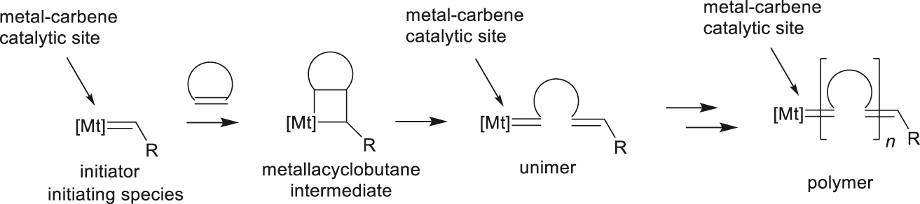 Scheme 15: 
          Simplified mechanism for ring-opening metathesis polymerization catalyzed by a metal-carbene complex. [Mt]= is a metal-carbene complex (ROMP).
        