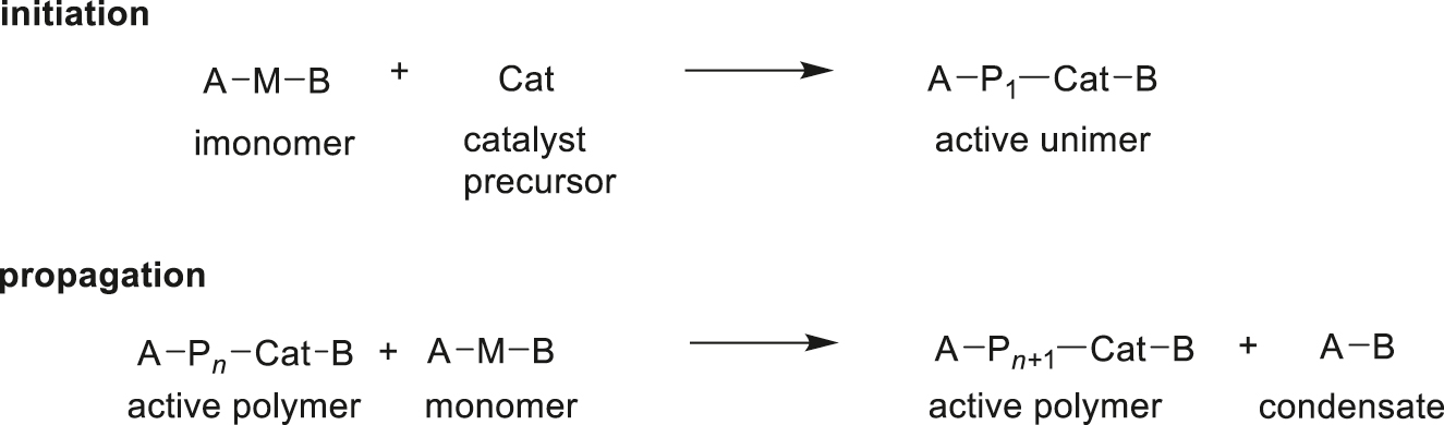 Scheme 24: 
          Simplified mechanism for catalyst-transfer polymerization. -Cat-is a catalyst.
        