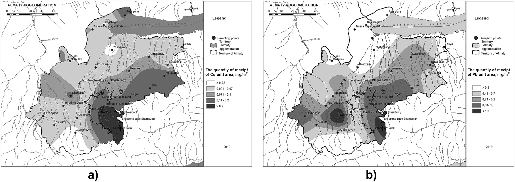 Fig. 4: 
The quantity of receipt of trace elements per unit area of the territory of the Almaty Agglomeration (AA).
а) copper; b) lead.
