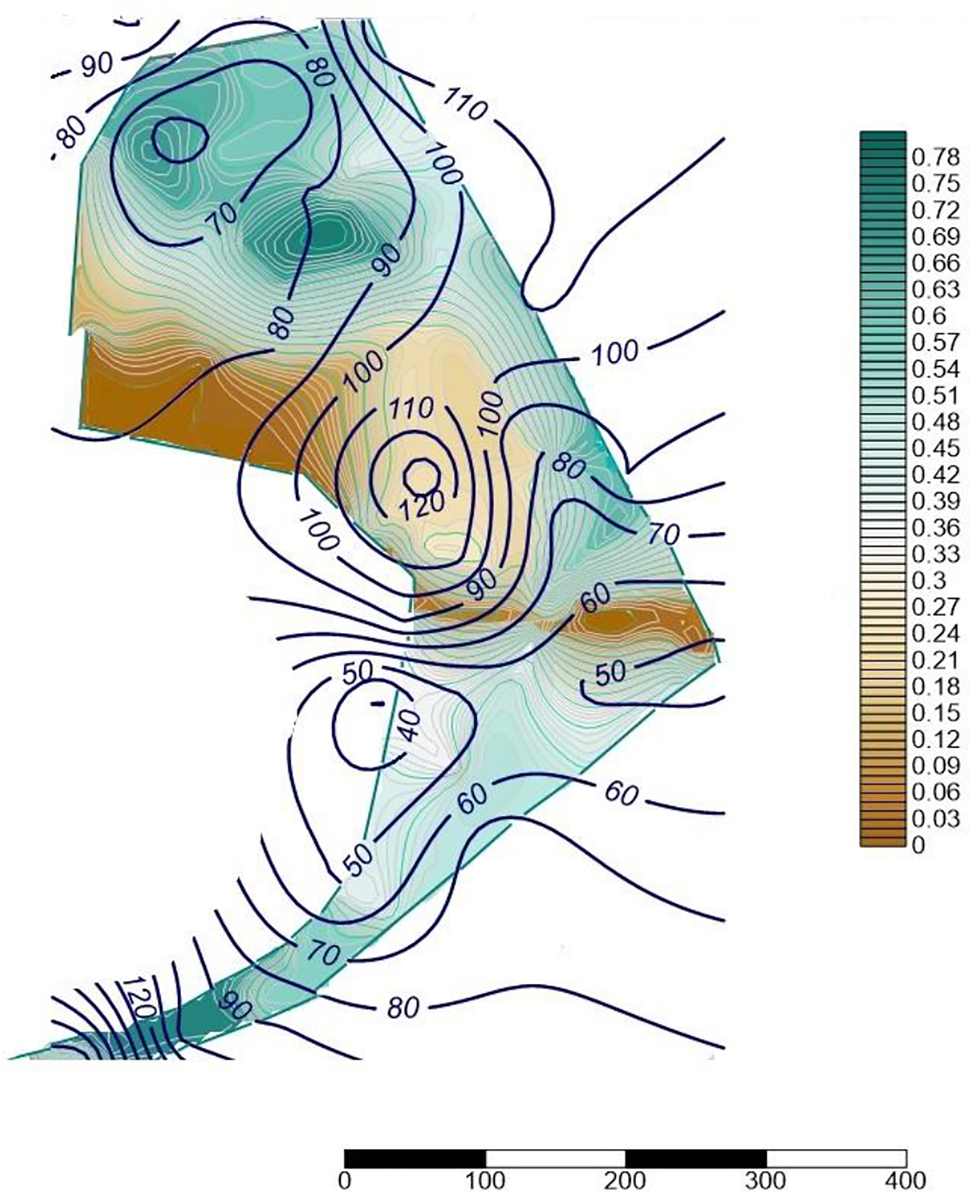 Fig. 3: 
Concentration of airborne nitrogen compounds (as NO2 in μg/m3) and the preservation of the forest environment within the woodland boundaries. On the right-hand side: the scale of preservation of the forest environment under the recreational impact: over 0.80: very good; 0.63–0.80: good; 0.37–0.63: mediocre; 0.20–0.37: bad; 0–0.20: very bad [4].

