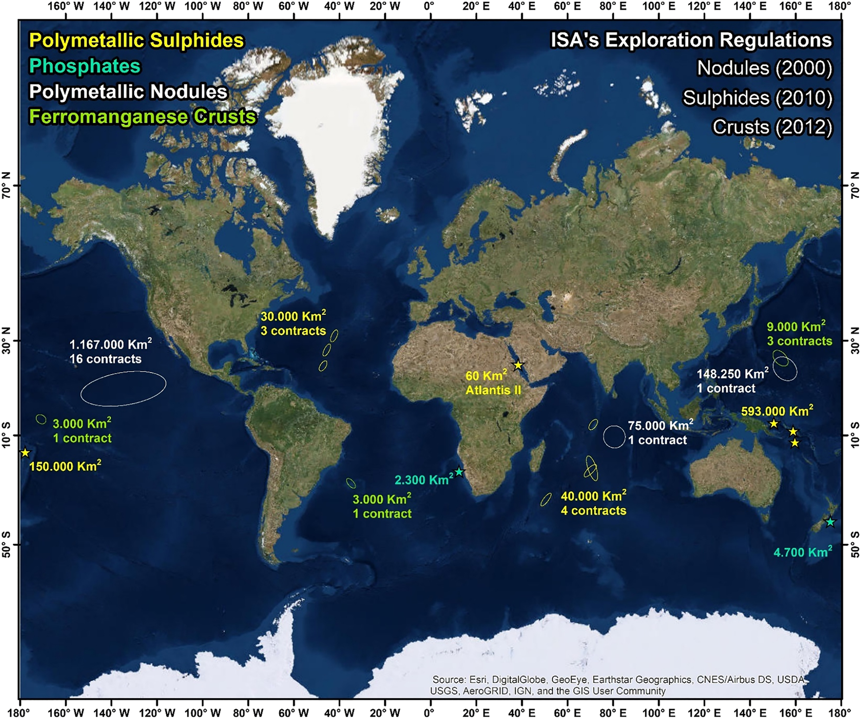 Fig. 2: 
Global map of seabed minerals exploration. The stars represent areas under national jurisdictions. Modified from [21].
