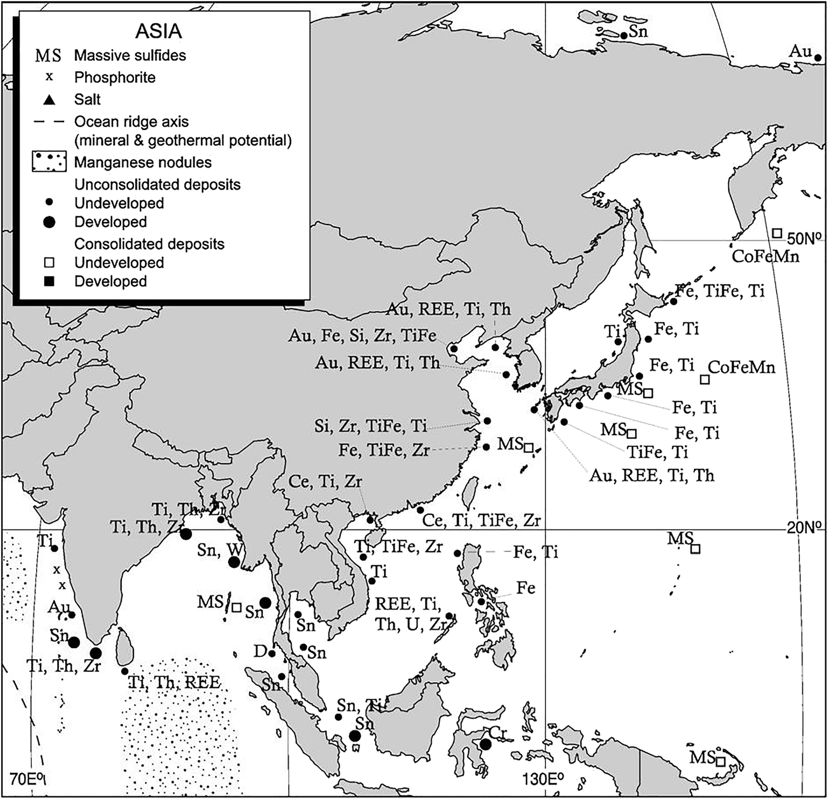 Fig. 3: 
Offshore minerals map of Asia showing the high concentration of REE occurrences in coastal areas from India and China [44].
