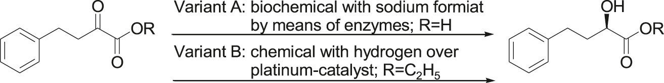 Scheme 3: 
Two possible syntheses (variants A and B [32]) of (R)-2-hydroxy-4-phenylbutyric acid (ethylester) [25] – Reproduced (adapted) by permission of John Wiley and Sons.
