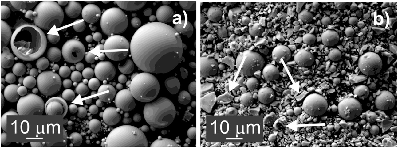 Fig. 4:
SEM micrographs of a) the sample O – the presence of hollow microspheres was observed (marked by arrows), b) sample M3 milled for 12 h milled – only fragments of the hollow microspheres were observed (marked by arrows).