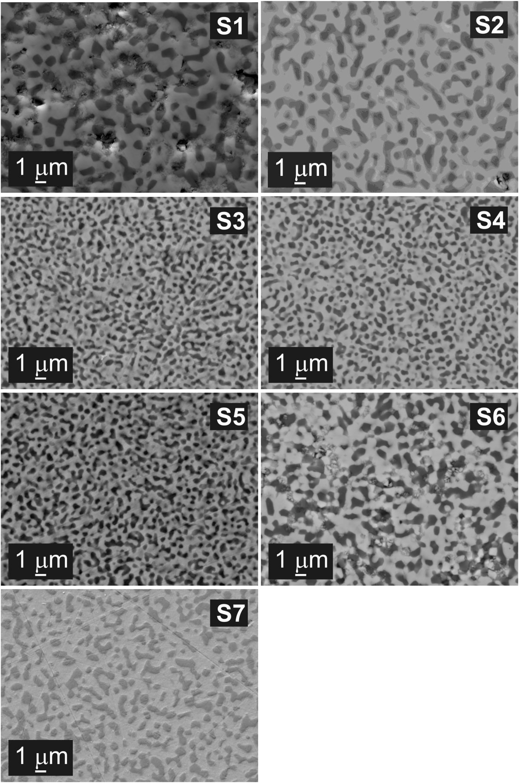 Fig. 9:
SEM microstructure of samples S1 - HP-O; S2 - RHP-O; S3 - HP-M1-6h; S4 - HP-M2-9h; S5 - HP-M3-12h; S6 - HP-M4-15h; S7 - SPS-O.
