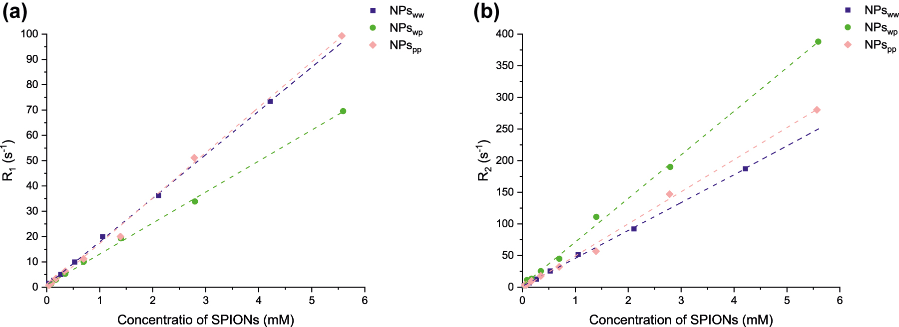 Fig. 7: 
          Longitudinal R1 (a) and transverse R2 (b) relaxation rate (in s−1) as a function of SPIONs concentration (mM) at 60 MHz and 37 °C for NPsww (blue), NPswp (green) and NPspp (pink). Dashed lines represent the linear regression done for evaluating the relaxivity ri=1;2.
        