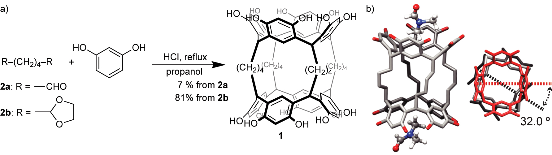 Fig. 1: 
(a) Synthesis of bisresorcinarene 1 and (b) the crystal structure of 1 with two DMF molecules. Adapted from Ref. [9] with permission. Copyright 2017 American Chemical Society.
