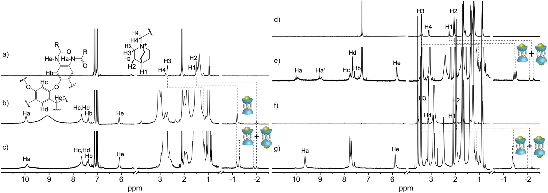 Fig. 8: 

1H NMR spectra of (a) G3 and (b) 4 with 20 equiv. of G3, (c) 4 with 80 equiv. of G3 at 263 K in toluene-d
8, (d) G3, (e) 4 with 20 equiv. of G3 at 263 K in chloroform-d
1, (f) G3 and (g) 4 with 20 equiv. of G3 at 263 K in THF-d
8: [4] = 2.00 mmol L−1. Adapted from Ref. [20] with permission. Copyright 2021 American Chemical Society.
