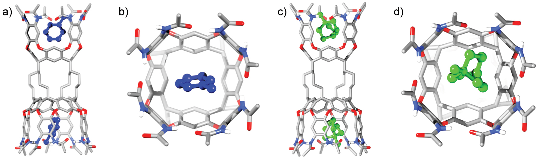 Fig. 9: 
Crystal structures of (a and b) 4 and (c and d) G4
2⊂4. (a and c) Side views and (b and d) top views. The aliphatic side chain, hydrogen atoms and crystal solvents are omitted for the sake of clarity. Adapted from Ref. [20] with permission. Copyright 2021 American Chemical Society.
