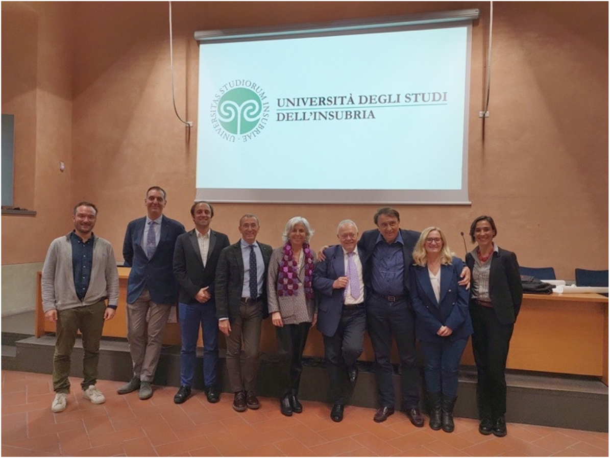 Fig. 1: 
The organizers and the speakers of the event. From left to right: A. Minguzzi, M. Guidotti, F. Bella, A. Pozzi, A.M. Paci, M. Peruzzini, L. Fabbrizzi, C. Arbizzani, S. Borsacchi.