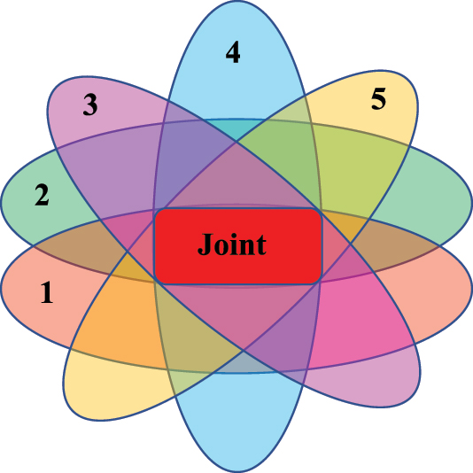 Fig. 1: 
Venn diagram of the joint event. The event 
Y

p1 = 
n

p1, when the probabilities of the responses to property 1 by categories are as in the specific vector 
p

p1, is shown with a semi-transparent brown ellipse 1; similar color ellipses indicate 2 (green) − the event 
Y

p2 = 
n

p2 for property 2; 3 (violet) − the event 
Y

p3 = 
n

p3 for property 3; 4 (blue) − the event 
Y

p4 = 
n

p4 for property 4; and 5 (yellow) − the event 
Y

p5 = 
n

p5 for property 5. The joint (intersection) event, consisting of the corresponding responses to the five properties simultaneously, is highlighted by the central red non-transparent shape.
28


