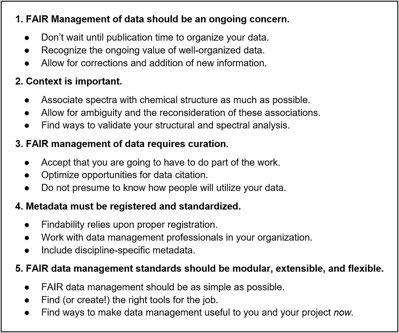 Fig. 2:
Best practices in spectroscopic data management based on the five FAIRSpec principles.