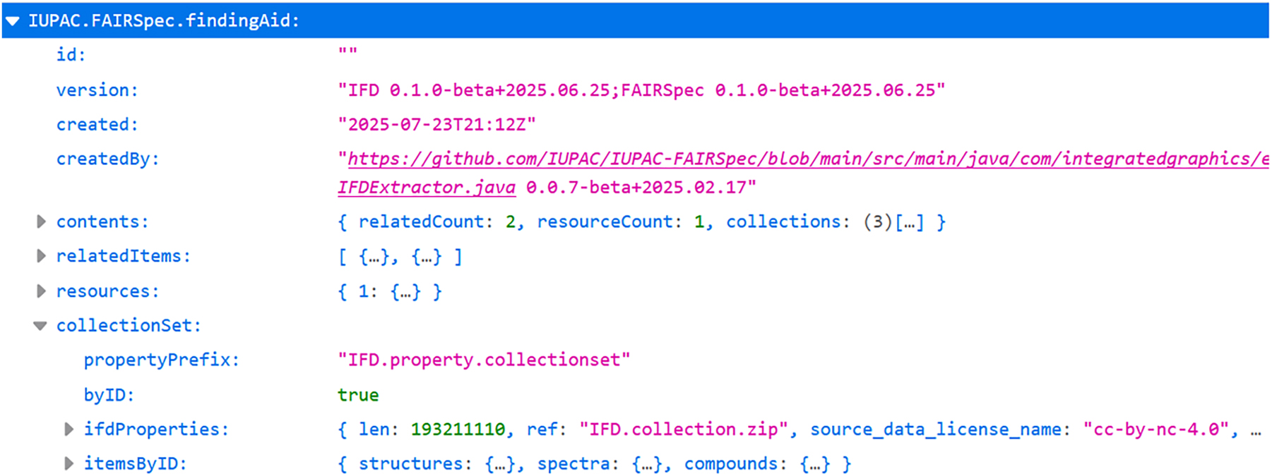 Fig. 3:
The top-level view of an IUPAC FAIRSpec Finding Aid as JSON as displayed in a web browser. The document was created by an automated process that extracted metadata from a single ZIP file associated with a publication and contains compound-based structure-spectra associations.