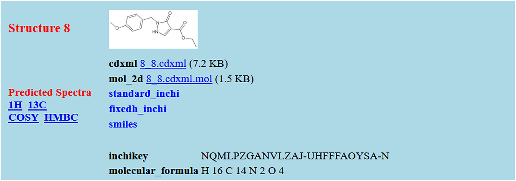 Fig. 5:
An example of a structure entry based on the presence of a single CDXML file in the FAIRSpec-ready collection. The automated extractor has added a PNG image, a MOL file, standard and fixed-H InChIs, InChIKey, SMILES, molecular formula, and links to interactive predicted spectra.
