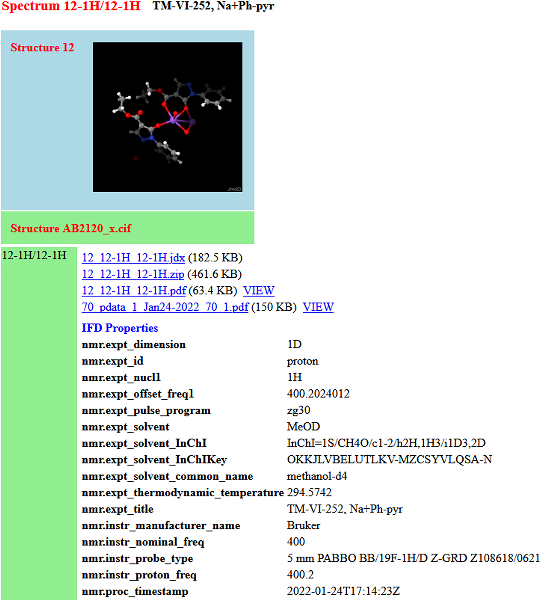 Fig. 6:
A data entry including an x-ray structure determination and an NMR spectrum with several representations. IFD Properties are extracted from the FAIRSpec-ready collection automatically in the process of creating the IUPAC FAIRSpec Finding Aid. PDF representations are viewable within the web browser. (Interactive spectral representations might also be available via a web browser, but that feature was not implemented in this particular case.)