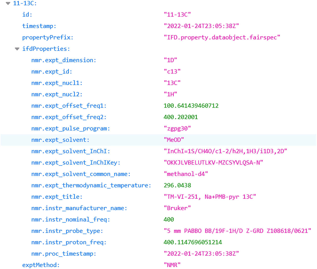 Fig. 7:
Descriptive metadata associated with a Bruker NMR instrument dataset as found in JSON format in an IUPAC FAIRSpec Finding Aid. Several of the values are generated during metadata extraction, including additional solvent identifiers and the spectrometer nominal frequency. Note that units for numerical values are given in the specification of the finding aid, not the finding aid itself. The precision of these numbers does not necessarily represent the experimental precision due to limitations of the JSON format as well as limitations of the originating vendor metadata. For an unambiguous description of data precision, one must inspect the data objects themselves, not just the finding aid.