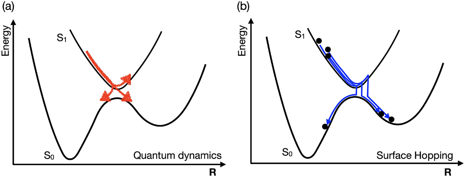Fig. 4: 
Comparison between the dynamics of (a) a quantum mechanical wave packet and (b) its semiclassical approximation as described by trajectory surface hopping. Adapted and revised from Ref. 73]
