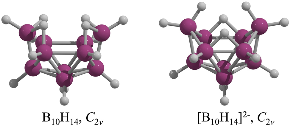 Fig. 1:
Structures of neutral (left) and dianionic (right) B10H14.