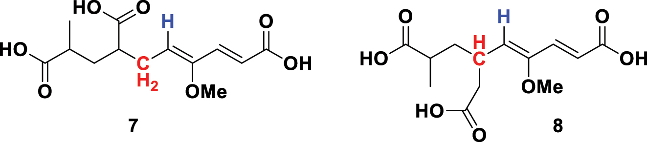 Fig. 5: 
Coupling between the alkene proton (blue) and the adjacent hydrogens (red) enabled discrimination between the isomers 7 and 8.
