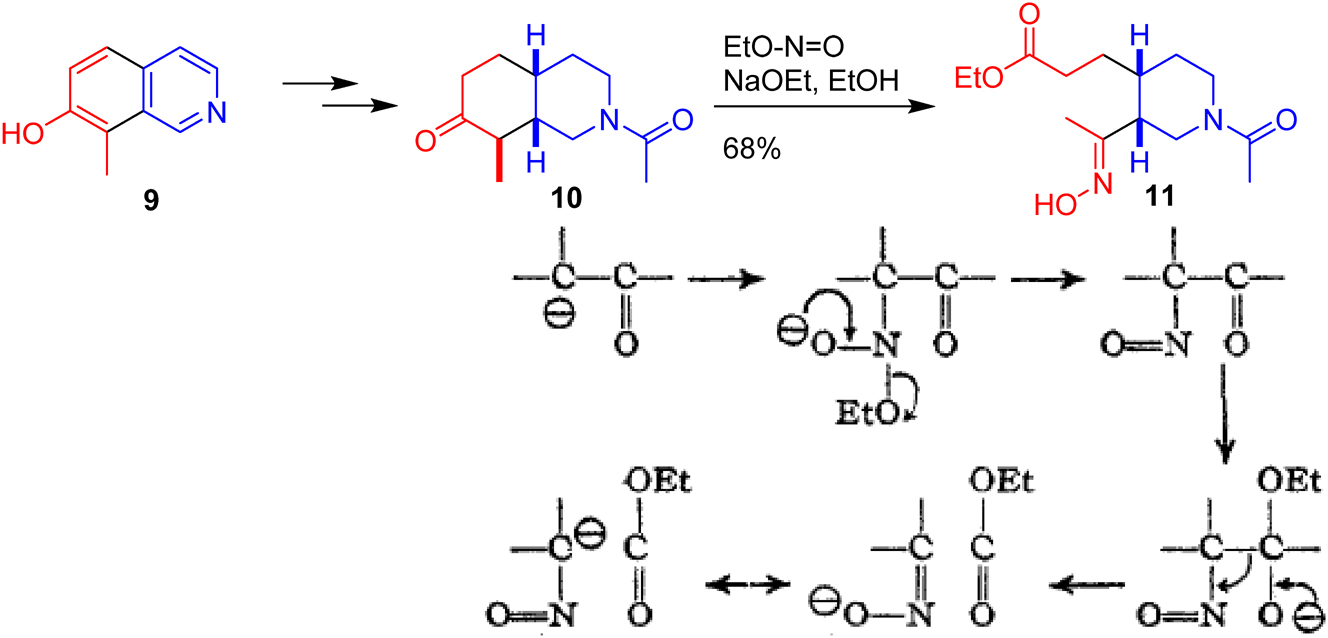 Fig. 9: 
A key step in the Woodward total synthesis of quinine and his first curly arrow explanation of a reaction mechanism. “Reprinted with permission from Woodward, R. B.; Doering, W. E. The total synthesis of quinine. J. Am. Chem. Soc. 1945, 67 (5), 860–874. Copyright 1945 American Chemical Society.”
