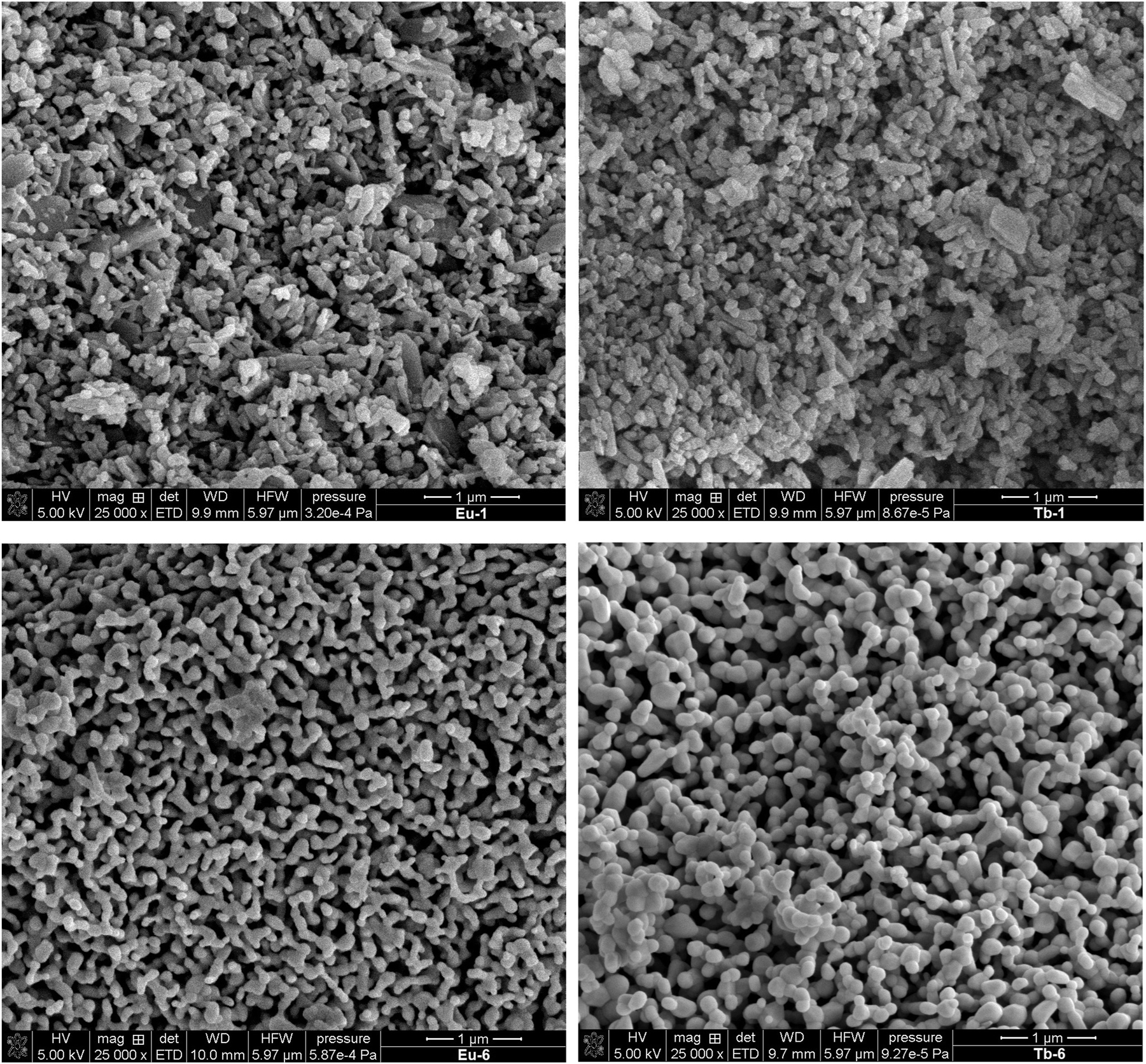 Fig. 8:
SEM images of Eu-1 and Tb-1 complex compounds and Eu-6 and Tb-6 lanthanide oxides.