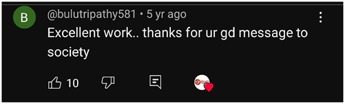 Figure 12: 
A screenshot of a comment on the YouTube video “MANANIYA SASURE…” on the YouTube channel “Sanskar TV Odia.”
