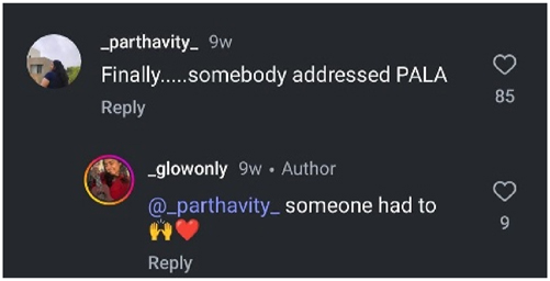 Figure 14: 
A screenshot of a comment taken from the comment section of the Instagram reel addressing the Pala performance on the Instagram account “_glowup.”
