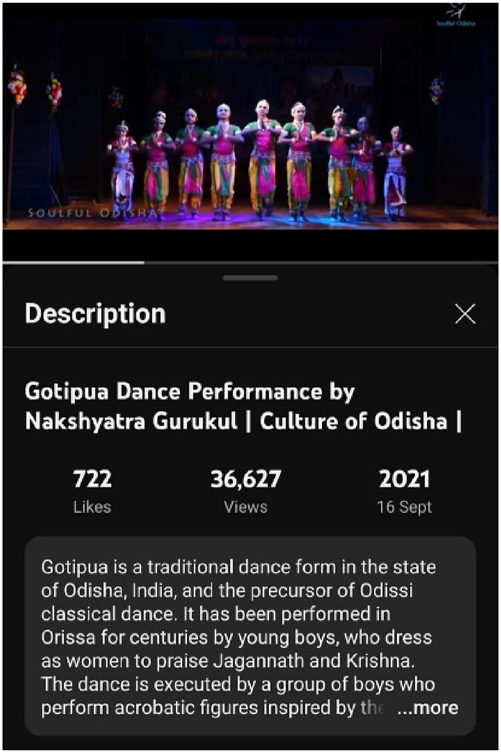 Figure 15: 
A screenshot of the “Gotipua Dance Performance by Nakshyatara Gurukul…” on the YouTube channel “SOULFUL ODISHA.”
