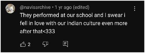 Figure 16: 
A screenshot of a particular comment on the “Gotipua Dance Performance by Nakshyatara Gurukul…” on the YouTube channel “SOULFUL ODISHA.”
