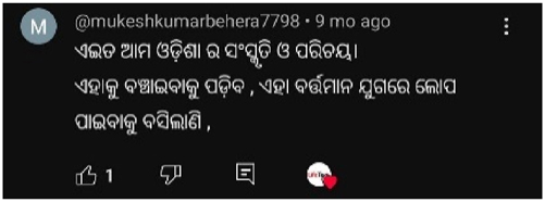 Figure 20: 
A screenshot of a comment on the “Dhinki Kuta Kandhei Nacha…” video on the YouTube channel “Life and Time Odisha.”

