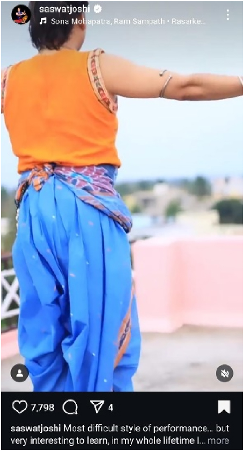 Figure 29: 
A screenshot of the reel “Most difficult style of performance…” on the Instagram account “saswatjoshi”.
