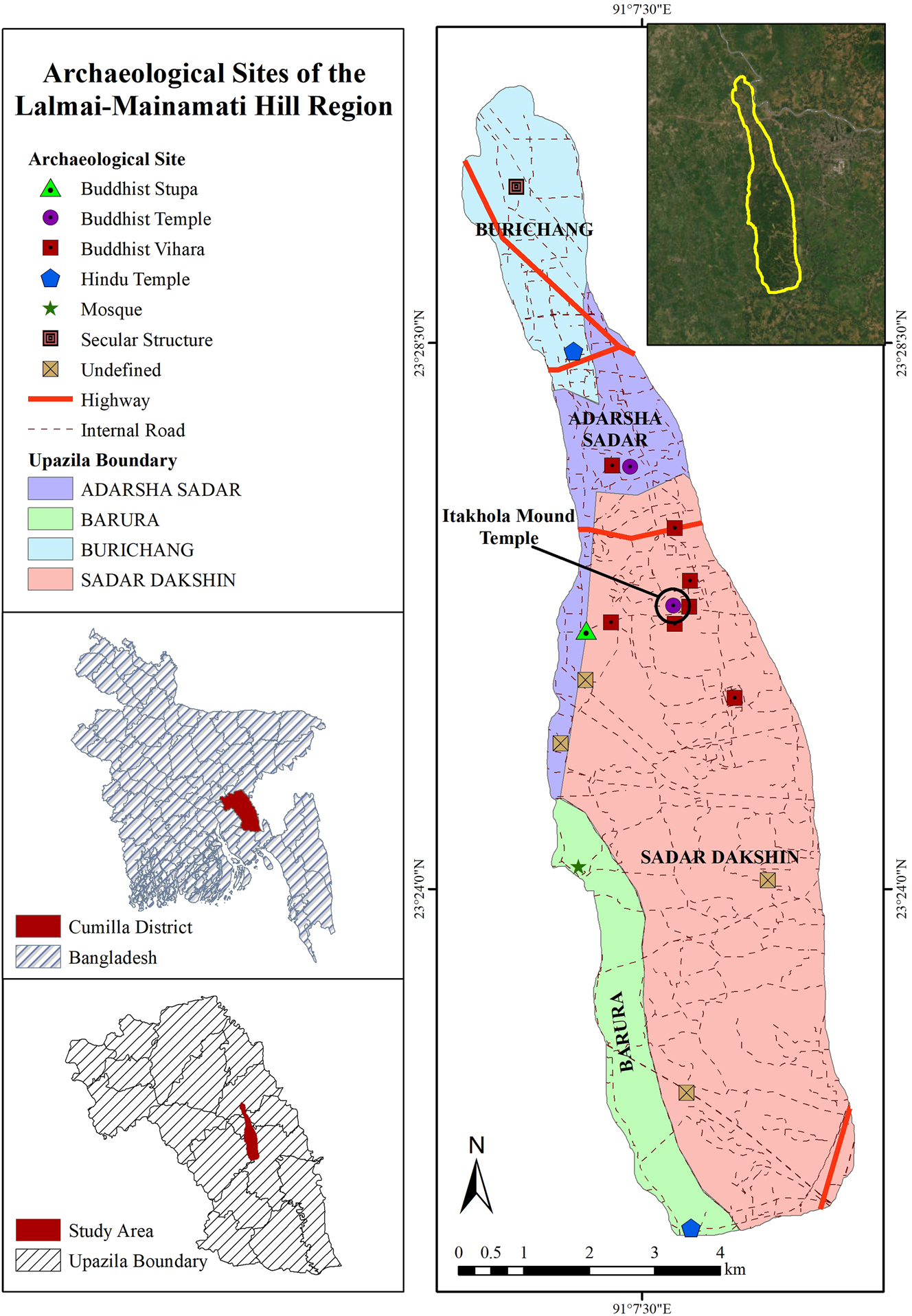 Figure 2:
The location of the Itakhola Mound Temple is indicated on the map of archaeological sites in the Lalmai-Mainamati Hill region, modified after Ridoy (2023, 5).