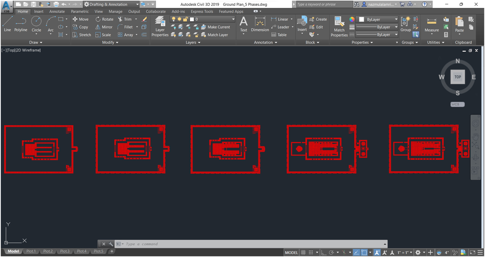 Figure 4:
Redrawn of the ground plan for the five phases of the Itakhola Mound Temple utilizing Autodesk Civil 3D as AutoCAD.