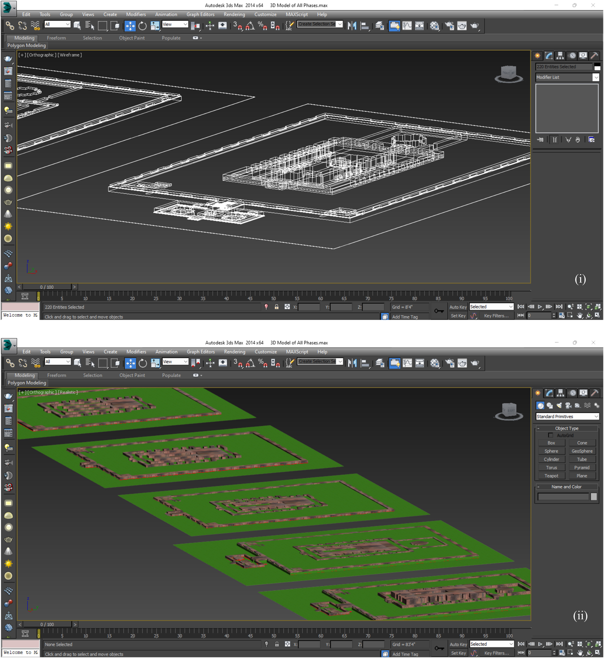 Figure 8:
Using autodesk 3D Studio Max, the 3D models of five phases were created; (i) 2D wireframe, (ii) 3D mesh model with texture.