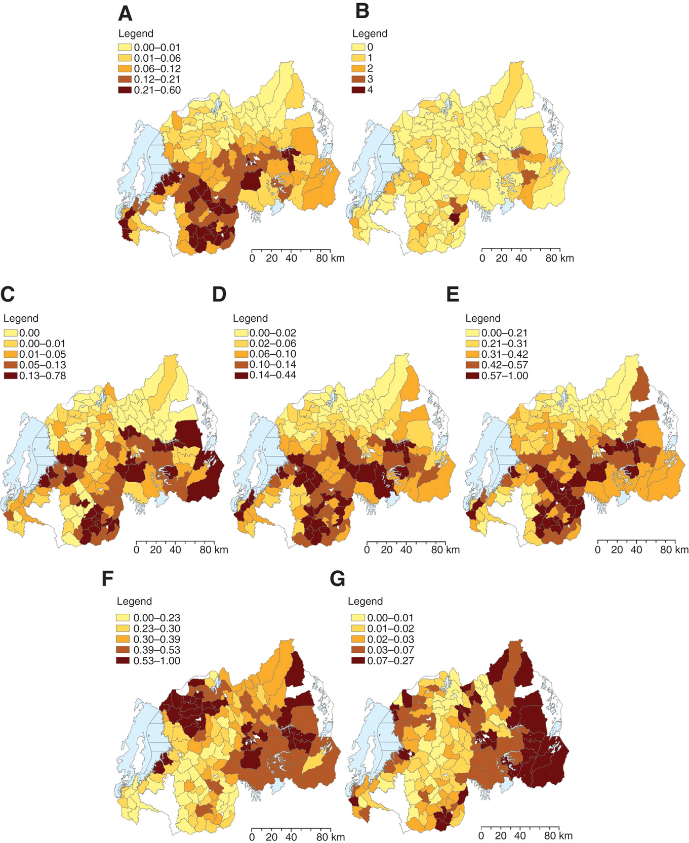 Figure 12: Conflict-related variables – coverage and geographic distribution. (A) Share of Tutsi; (B) # Massgraves; (C) 1994 Death rate; (D) Prosecution rate; (E) GEMI; (F) non-GEMI; (G) Resettled.Notes: The figures show the spatial distribution of the different conflict-related measures used in the empirical analysis (see Table 17 for details and sources). For all measures except Figure B different colors identify different quantiles, with darker shades indicating higher intensity. No data are available for areas in white, which mostly include national parks and forests.