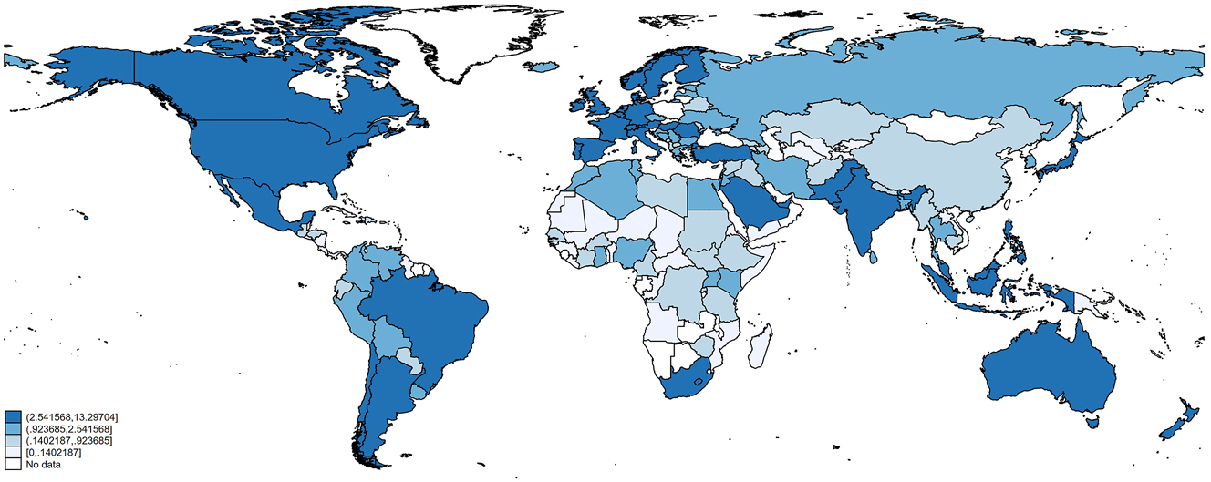 Figure 1:
Google trends monthly averages for the mean of the 47 search terms. Notes: The intervals plotted correspond to the quartiles of the distribution of the monthly GTs for the average of the 47 keywords.
