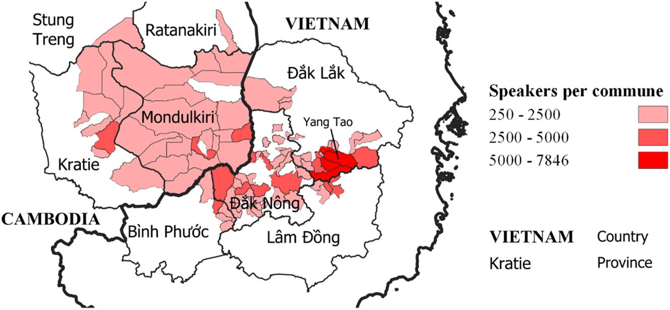 Figure 1: 
Geographical distribution of Mnong/Bunong/Phnong speakers (only communes with more than 250 speakers are represented). The 2019 Vietnamese census also reports about 5000 additional speakers in Quảng Nam province, Vietnam, 450 km north of Yang Tao.

