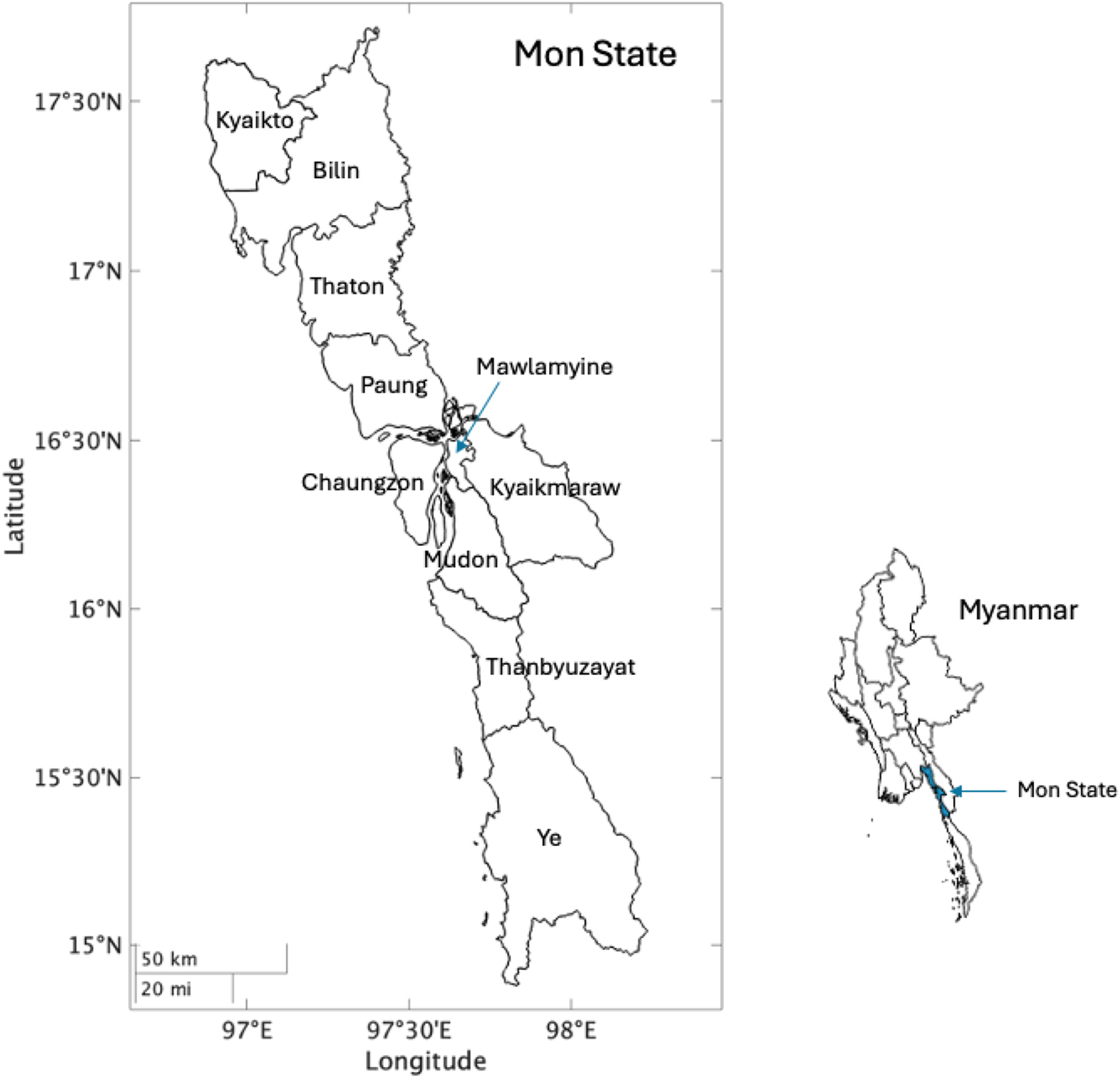 Figure 1:
Map of townships in Mon state by the authors using Mon State Village Tract Boundaries MIMU v9.4 (Myanmar Information Management Unit 2023).