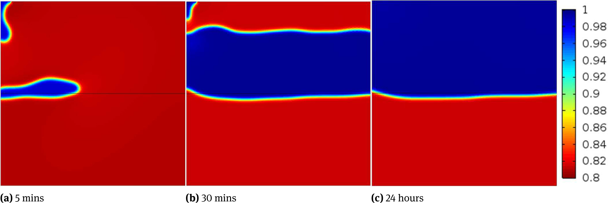 Figure 3 Fluid saturation at different times in numrical simulation of oil-wet model